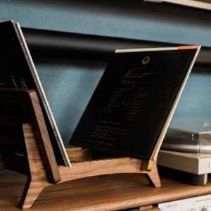 Black walnut vinyl record rack with records