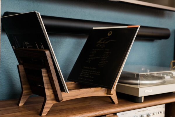 Black walnut vinyl record rack with records