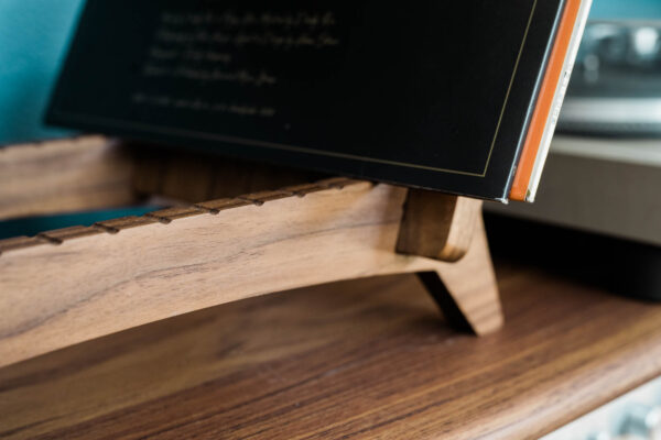 Black walnut vinyl record rack detail close-up